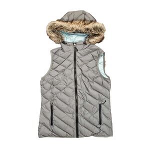 Eddie Bauer Faux Fur Hood Full Zip Quilted Down Puffer Vest EB650 Striped Gray M